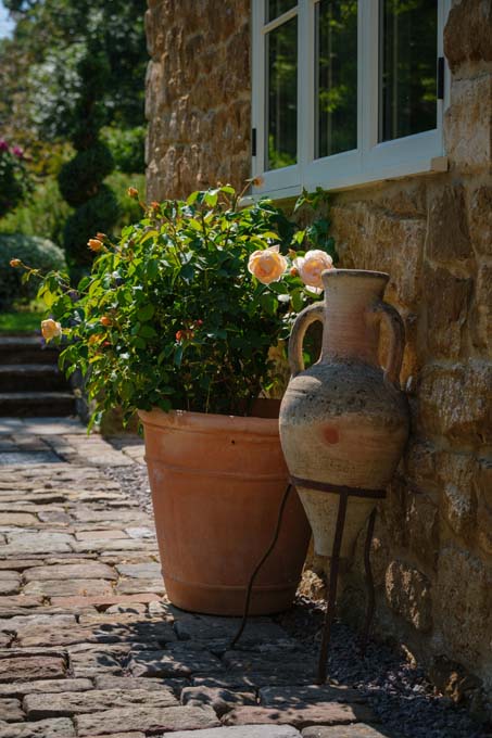 Flowers and plants n pots alongside pond cottage