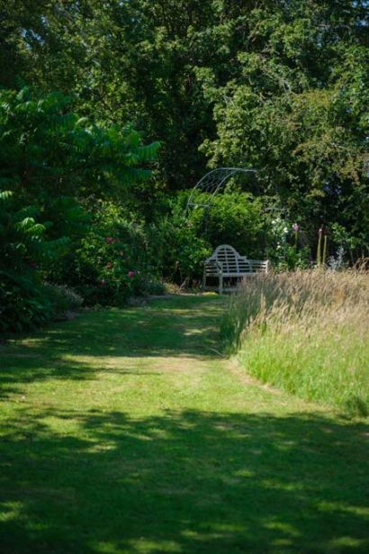 Bench at the end of a grass pathway.