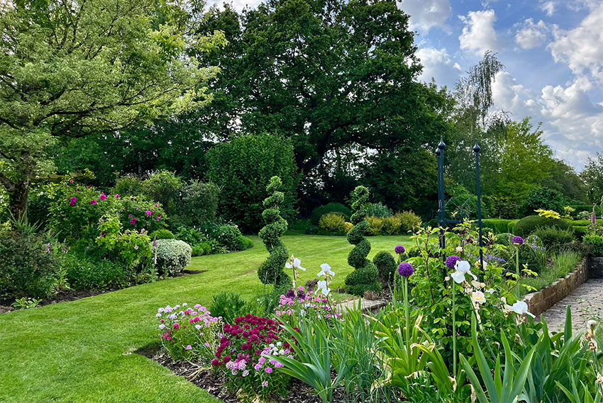 Open colourful garden with trees, hedges and flowers.