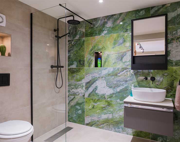 Garden Room Shower with Colourful Back Wall
